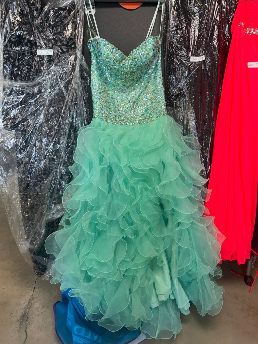 Mori Lee Mint Green Beaded Bodice Ruffled Tulle Gown